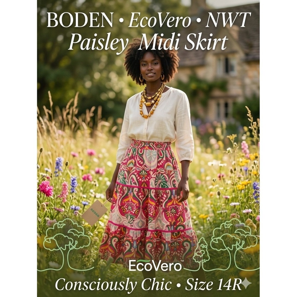 Boden EcoVero Paisley Midi Skirt 14R Viscose Cottagecore‎ Boho Pink Womens
